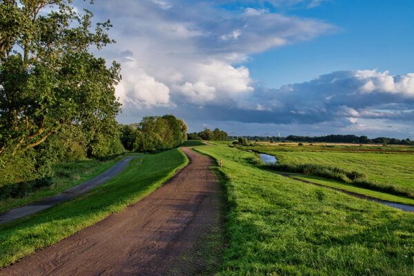 Een pad op een dijk in het landelijk gebied.